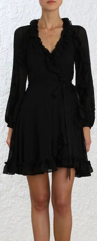 Cascade Wrap Dress, Black